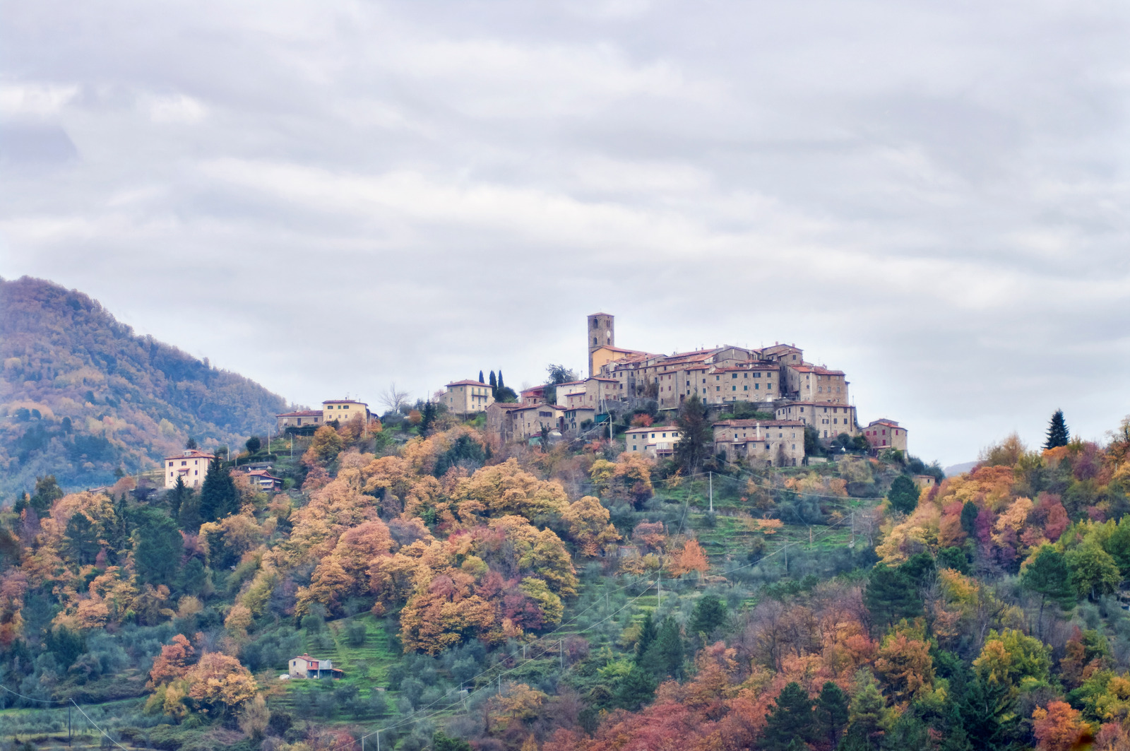 Aramo perched on its rocky crag above autumn woods