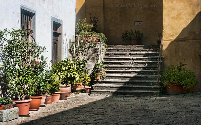 Stone steps and potted plants in a sunny courtyard in Aramo