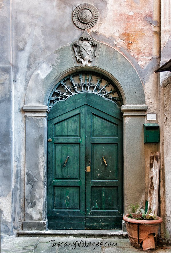 A tall green door under a stone arch in Barga
