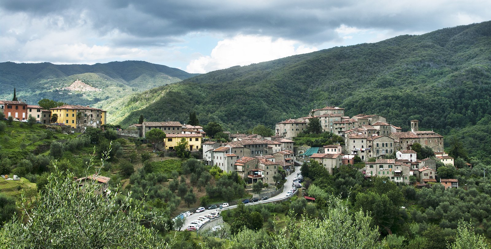 The village of Castelvecchio on its hillside in the early morning light