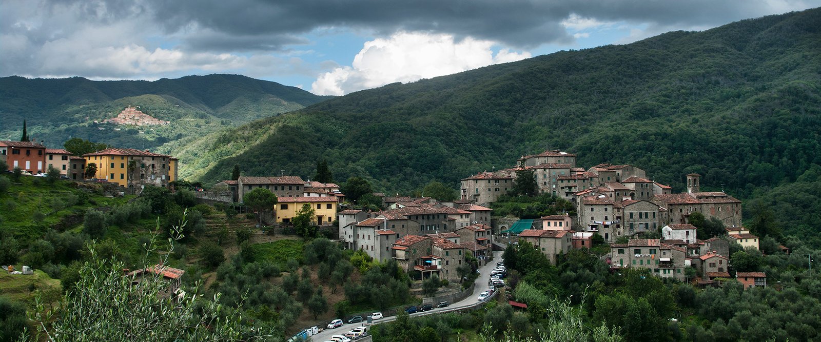The whole village of Castelvecchio on its wooded hillside