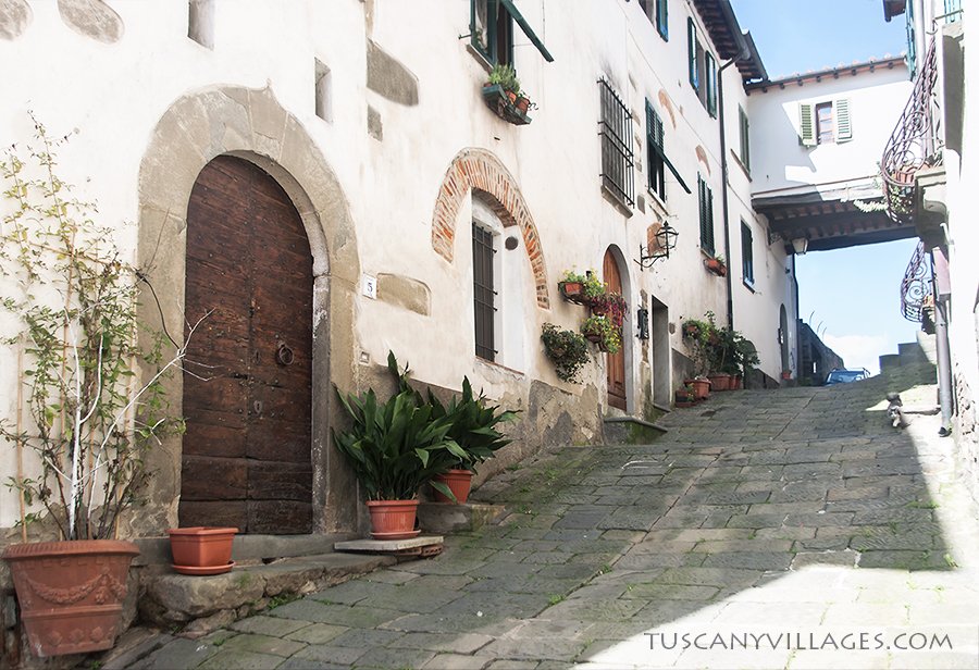 A narrow lane of old stone houses with an arched doorway and potted plants