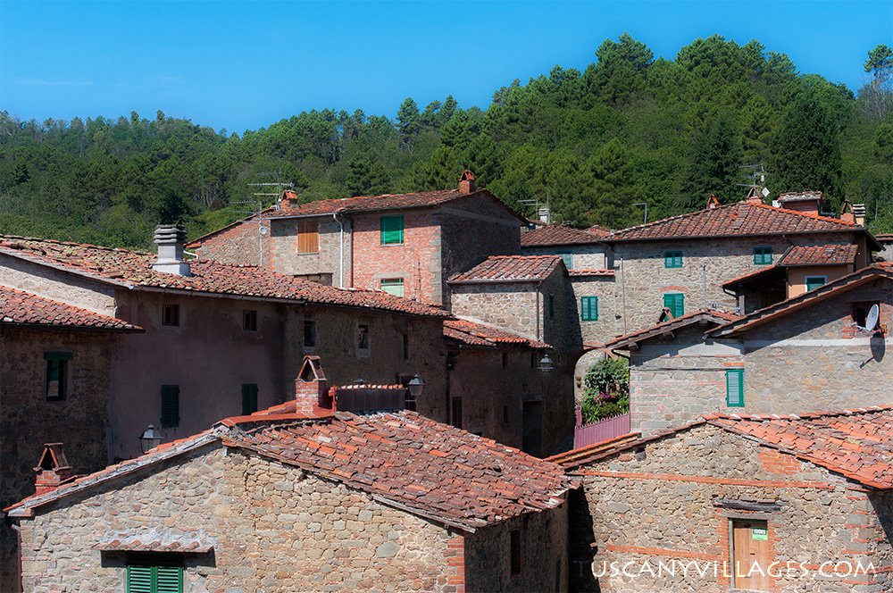 Terracotta rooftops and stone houses of Medicina against wooded hills