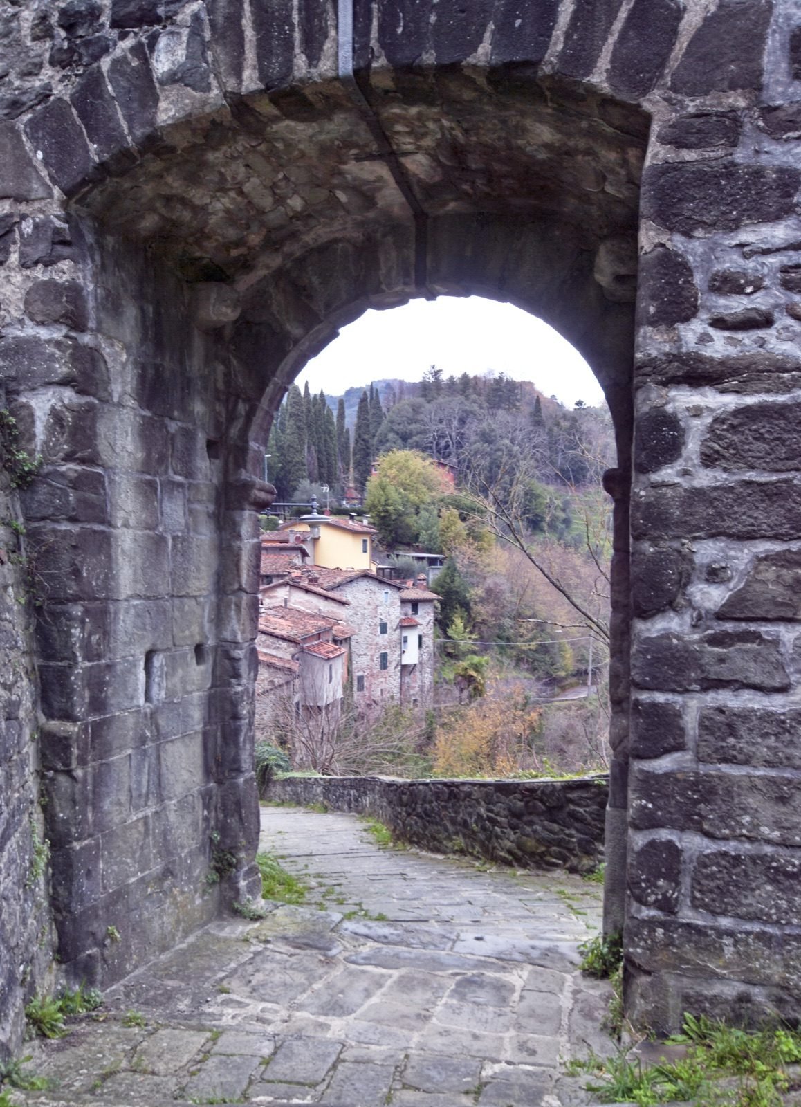 A dark stone archway in Pietrabuona framing a paved lane and houses on the wooded hillside beyond