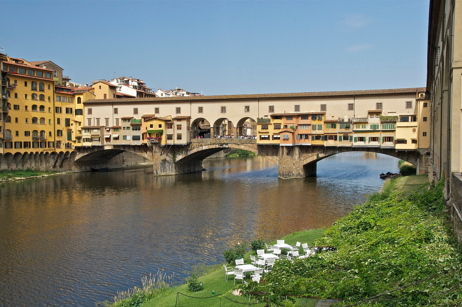 The Ponte Vecchio and its little shops built over the River Arno in Florence