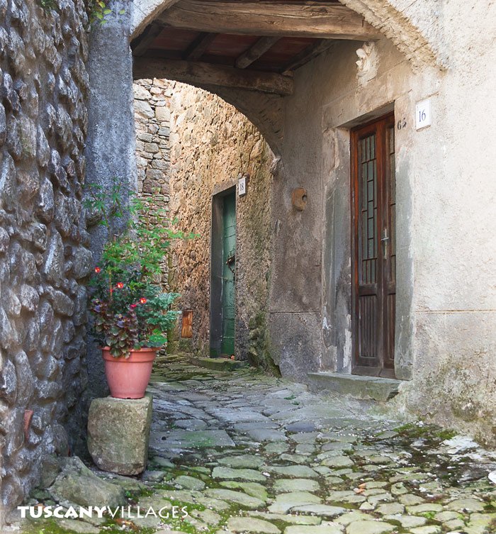A narrow stone lane passing under an arch in Pontito