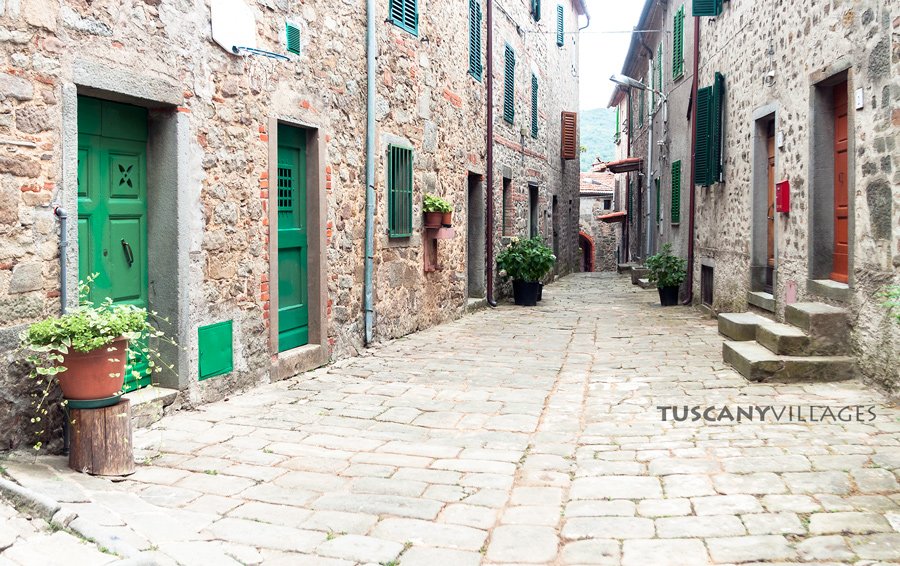 Old green doors along a quiet street in Stiappa