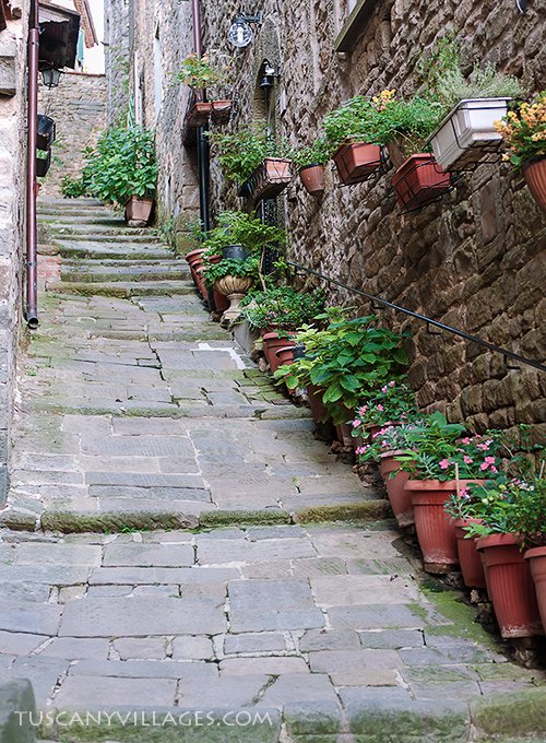 Flower-lined stone steps in Vellano