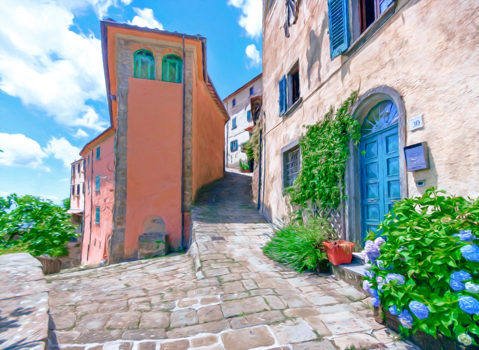 A sunny street in Vellano with hydrangeas, pink walls and an orange tower